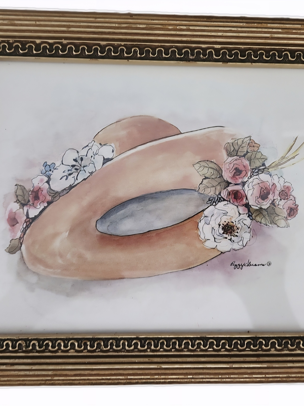 Vintage Peggy Abrams Signed Victorian Hat Art Print Gold Frame 7.5*9.5